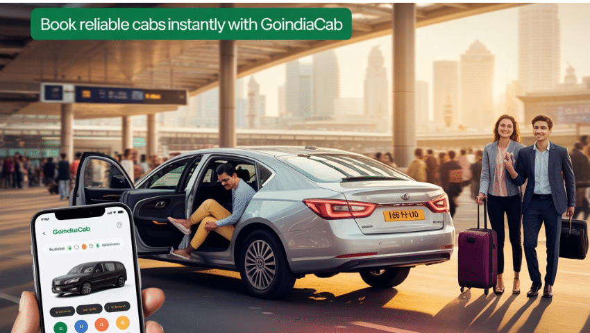 GoIndiaCab airport taxi service – couple booking reliable cabs online with smartphone app, professional driver, and modern car at airport pickup.