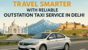 Outstation taxi service in Delhi with clean car driving on highway near Taj Mahal and Amer Fort.