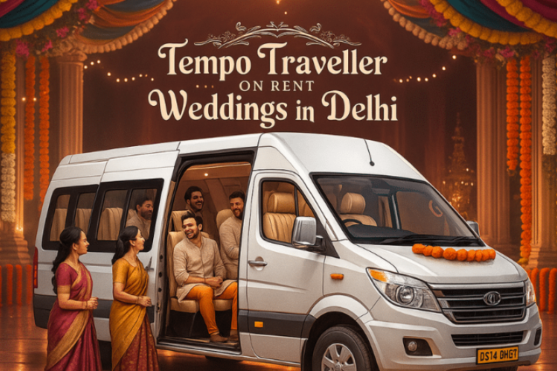 A decorated white tempo traveller parked at a beautifully lit Indian wedding venue in Delhi, surrounded by guests dressed in traditional attire. The image highlights Go India Cab’s tempo traveller rental service for weddings, featuring festive marigold garlands, colorful drapes, and warm lighting.